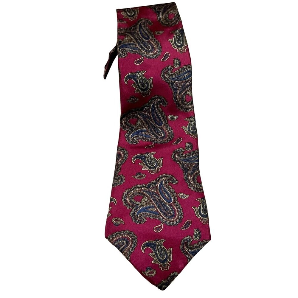 Vtg Italian Silk Necktie Tie Paisley Size 56" X 3.5" USA Made Burgundy Gold Mens